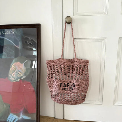 Hylhexyr Women's Letter Embroidered Shoulder Bag Woven Straw Bag Large Capacity Empty Holiday Beach Bags