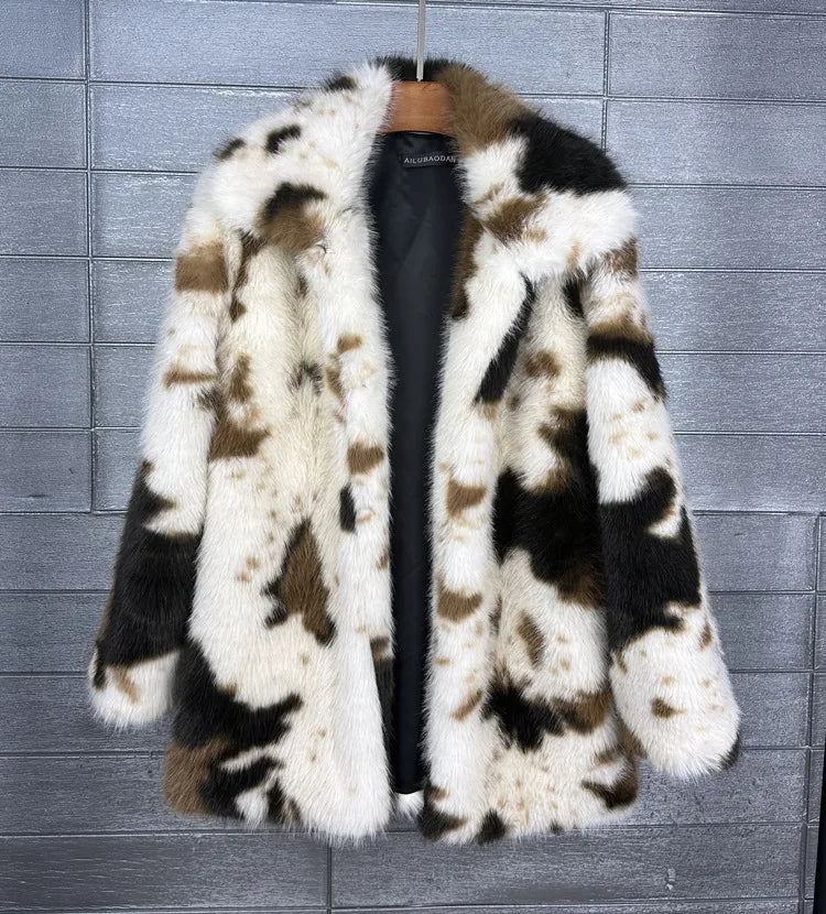 ZADORIN 2026 Chic Mid Long Cow Pattern Fluffy Faux Fur Coat Woman Lapel Loose Winter Fur Coats Woman Furry Jacket Fur Faux Coat