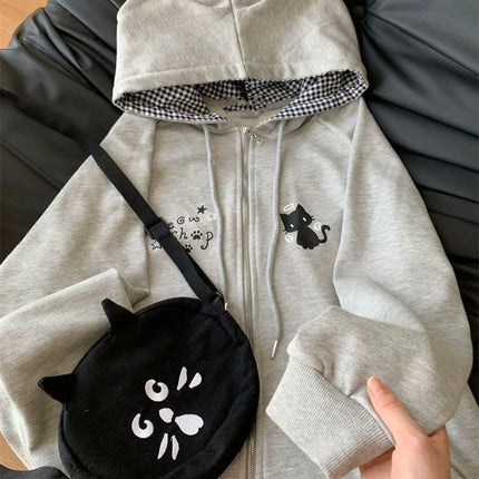 Ropa Mujer Japanese Cute Hoodies Coats Cute Cat Print Hooded Sweatshirts Y2K Tops Women Clothing Casual Zipper Loose Hoodie