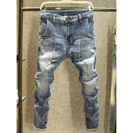 2025 Spring Autumn Korean Luxury Clothing New Cargo Brand Tooling Jeans Men's Slim High Street Men's Splicing Patch Trousers PlatiNum