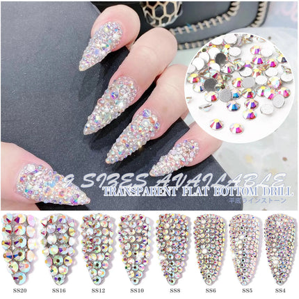 AB/Clear 1 Bag Nail Rhinestones Sizes SS3-SS12 1440 pcs Nail Art Decoration Flatback Glass Stones Shiny Gems DIY Gems nail accessories