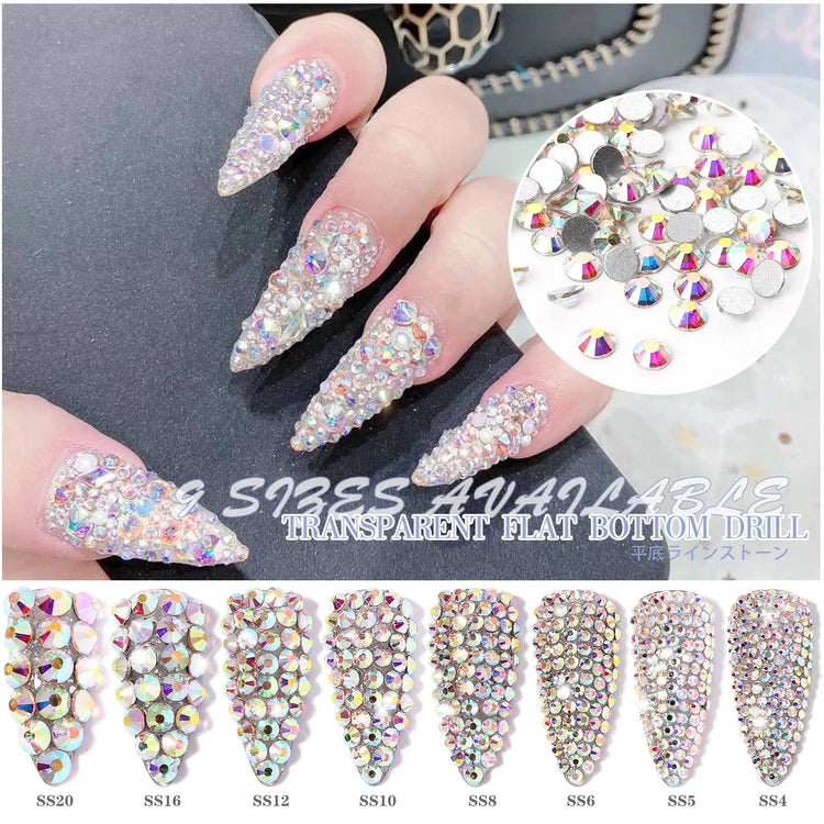 AB/Clear 1 Bag Nail Rhinestones Sizes SS3-SS12 1440 pcs Nail Art Decoration Flatback Glass Stones Shiny Gems DIY Gems nail accessories