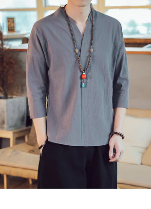 Kimono estivo stile giapponese manica corta uomo nuovo cotone a mezza manica lino traspirante abbigliamento uomo t-shirt giapponese Yukata top
