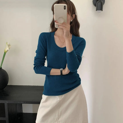 100% 48 count wool U-neck Ultra-fine Merino Wool Shirt for Women's Slim and Thin Bottoming Shirt for Women's Autumn and Winter PlatiNum