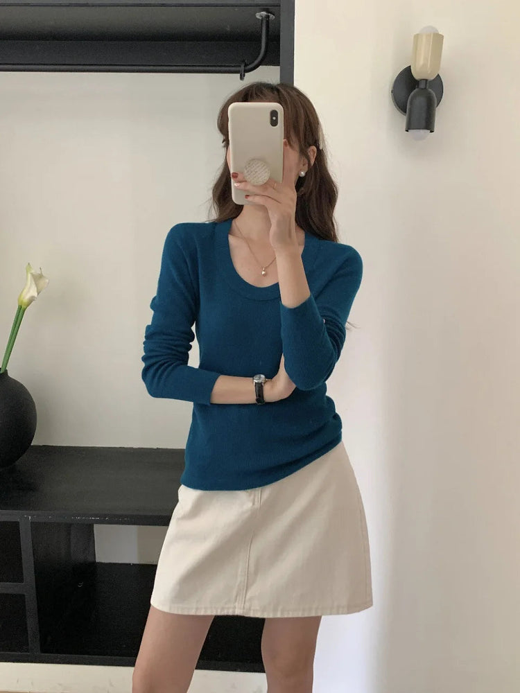 100% 48 count wool U-neck Ultra-fine Merino Wool Shirt for Women's Slim and Thin Bottoming Shirt for Women's Autumn and Winter PlatiNum