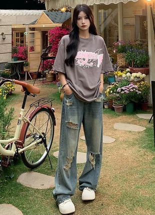 Jeans americani retrò traforati da donna a vita alta con cavallo dritto design sottile allentato High-street Vibe pantaloni trascinanti a gamba larga