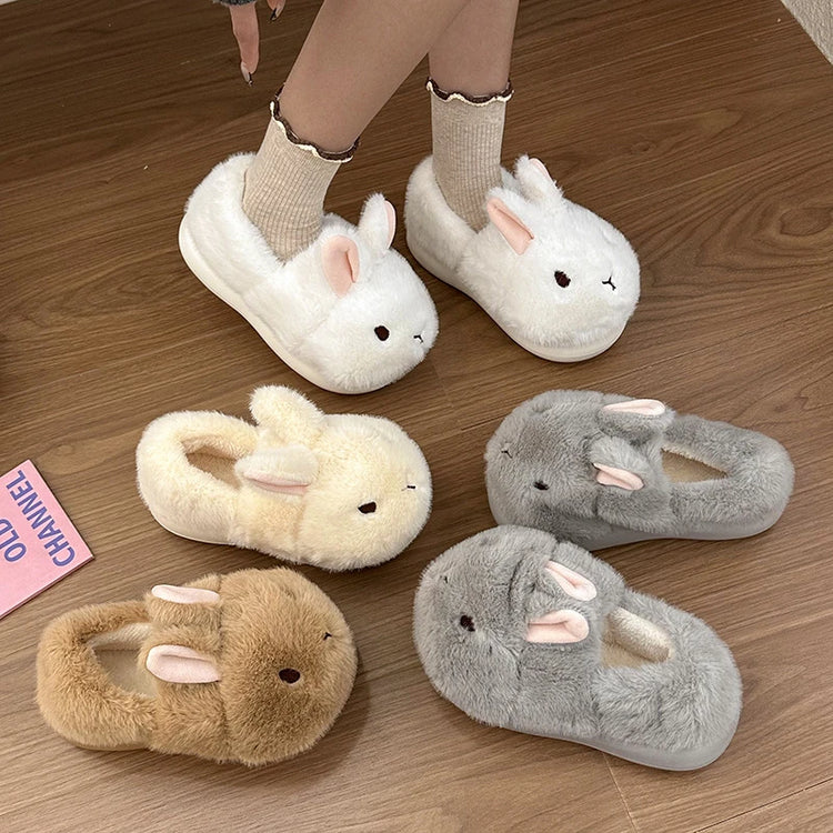 New Cute 3D Rabbit Furry Slippers Women Winter Warm Plush Closed Back House Shoes Non Slip Bunny Indoor Flip Flops Home Slipper