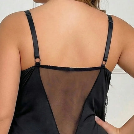 Babydoll in Raso Nero Taglie Forti con Pizzo e Rete Trasparente, con Ferretto e Push-Up, Arricciato, per Serate Romantiche, Luna di Miele, San Valentino