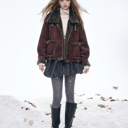 ELFSACK Women's Vintage Suede Plush Winter Coat 2025, Loose Turn-Down Collar Blend Jacket, Casual Versatile Outerwear