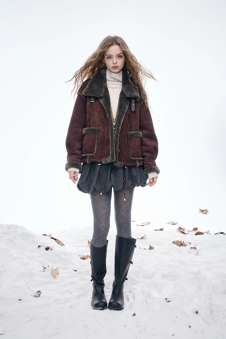 ELFSACK Women's Vintage Suede Plush Winter Coat 2025, Loose Turn-Down Collar Blend Jacket, Casual Versatile Outerwear