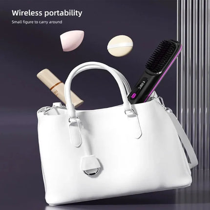 Electric Lcd USB Ceramic Heated Straight Hair Comb, Wireless Portable Negative Ion Styling Tool, Rechargeable Straightening Brush