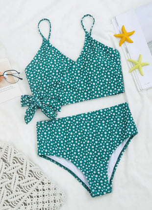 Costume da bagno bikini da donna verde a pois a vita alta brasiliano push-up con lacci e bendaggio, nuovo modello 2026, per la spiaggia PlatiNum
