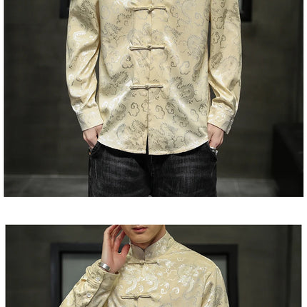 Giacca Tang di alta qualità da uomo camicetta con colletto alla coreana in argento elegante abbigliamento cinese rosso camicie Casual da uomo in raso di seta blu di grandi dimensioni