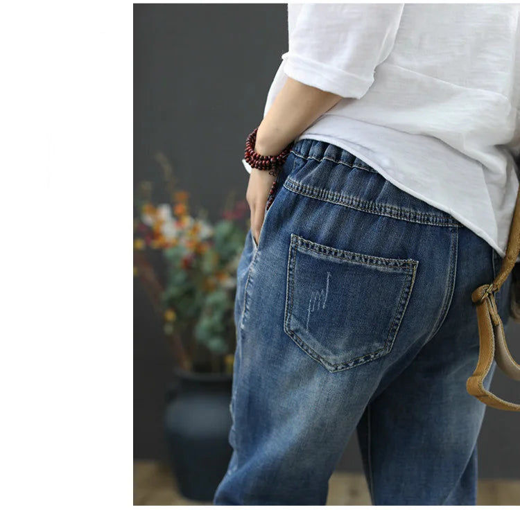 Amax luluE 2025 Moda Estate Streetwear Pantaloni in denim Donna Vintage Jeans elastici Donna Casual Allentato Ricamo Pantaloni Harem