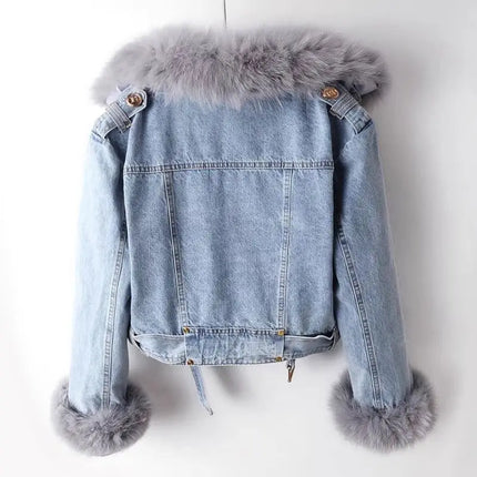 2026 New Women Faux Fox Fur Collar Jean Coat Winter Jacket Female Short Warm Parkas Rabbit Hair Lining Outwear Fashion Overcoat