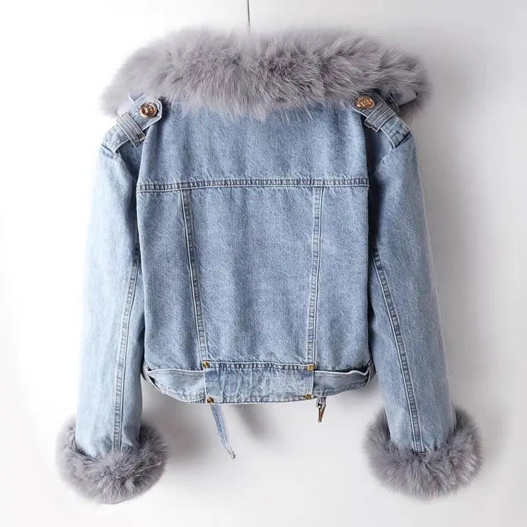 2026 New Women Faux Fox Fur Collar Jean Coat Winter Jacket Female Short Warm Parkas Rabbit Hair Lining Outwear Fashion Overcoat