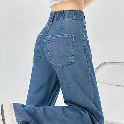 Jeans estivi donna seta ghiaccio vita alta blu sciolto moda coreana semplice tempo libero tutto-fiammifero quotidiano gamba larga elegante Trendy Chic