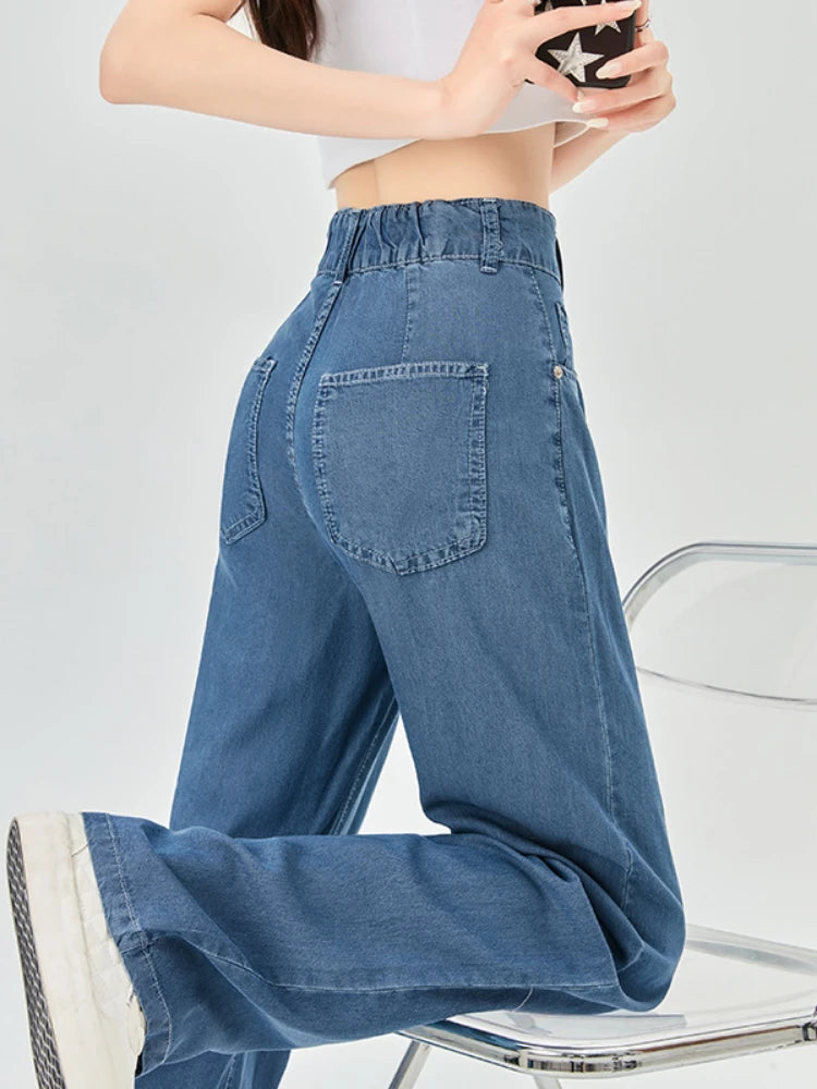 Jeans estivi donna seta ghiaccio vita alta blu sciolto moda coreana semplice tempo libero tutto-fiammifero quotidiano gamba larga elegante Trendy Chic