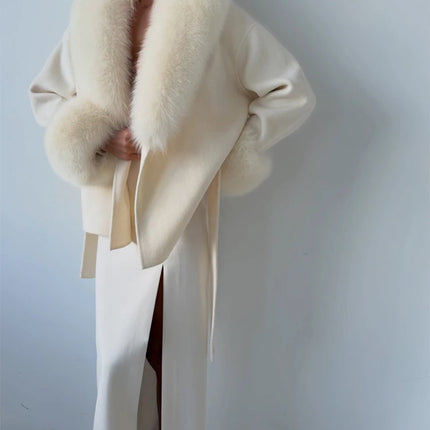 Women's Solid Color Lace Up Fur Collar Woolen Overcoat Bathrobe Style Long Loose Coat Advanced Atmosphere Autumn Winter Overwear