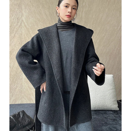 Brushed 100% Wool Coat Women Hooded Belted Wrap Coat Long-Pile Double-Faced Texture Unlined Relaxed Fit Short Coats Fall Winter