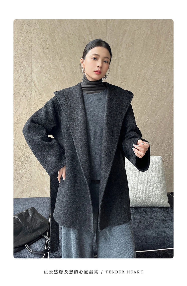 Brushed 100% Wool Coat Women Hooded Belted Wrap Coat Long-Pile Double-Faced Texture Unlined Relaxed Fit Short Coats Fall Winter