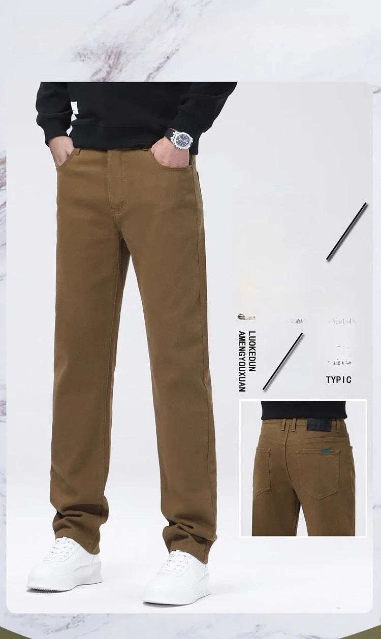 Men Straight Fit Jeans Autumn Elastic Soft Comfortable Solid Color Denim Pants Classic Fashion Casual Long Trousers Daily Wear