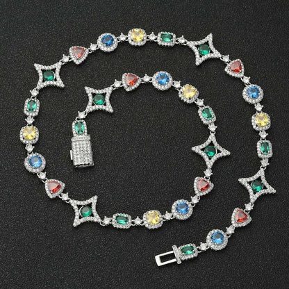 Gioielli Hip Hop Moda Zircone colorato Collana ghiacciata Bracciale a catena con pietre preziose in cristallo placcato oro bianco