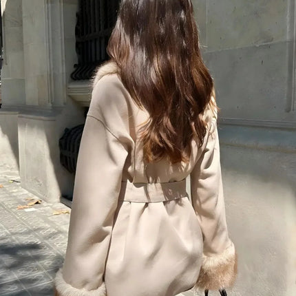 Women Faux Fur Collar Belted Waist Short Coat Elegant Furry Cuff Lapel Wrap Winter Outerwear