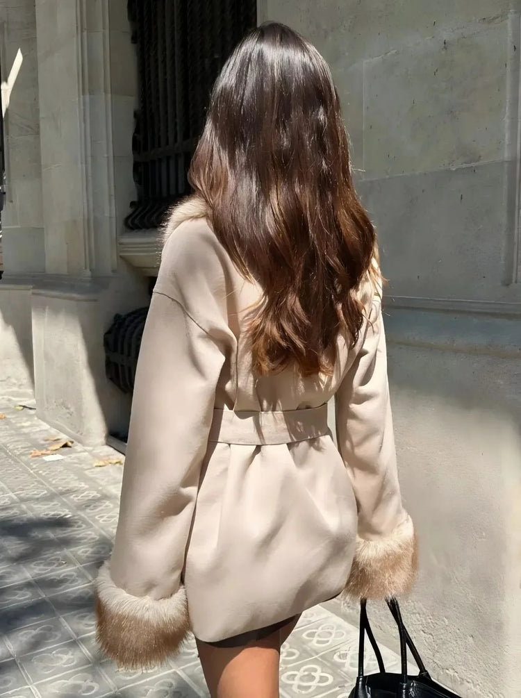Women Faux Fur Collar Belted Waist Short Coat Elegant Furry Cuff Lapel Wrap Winter Outerwear