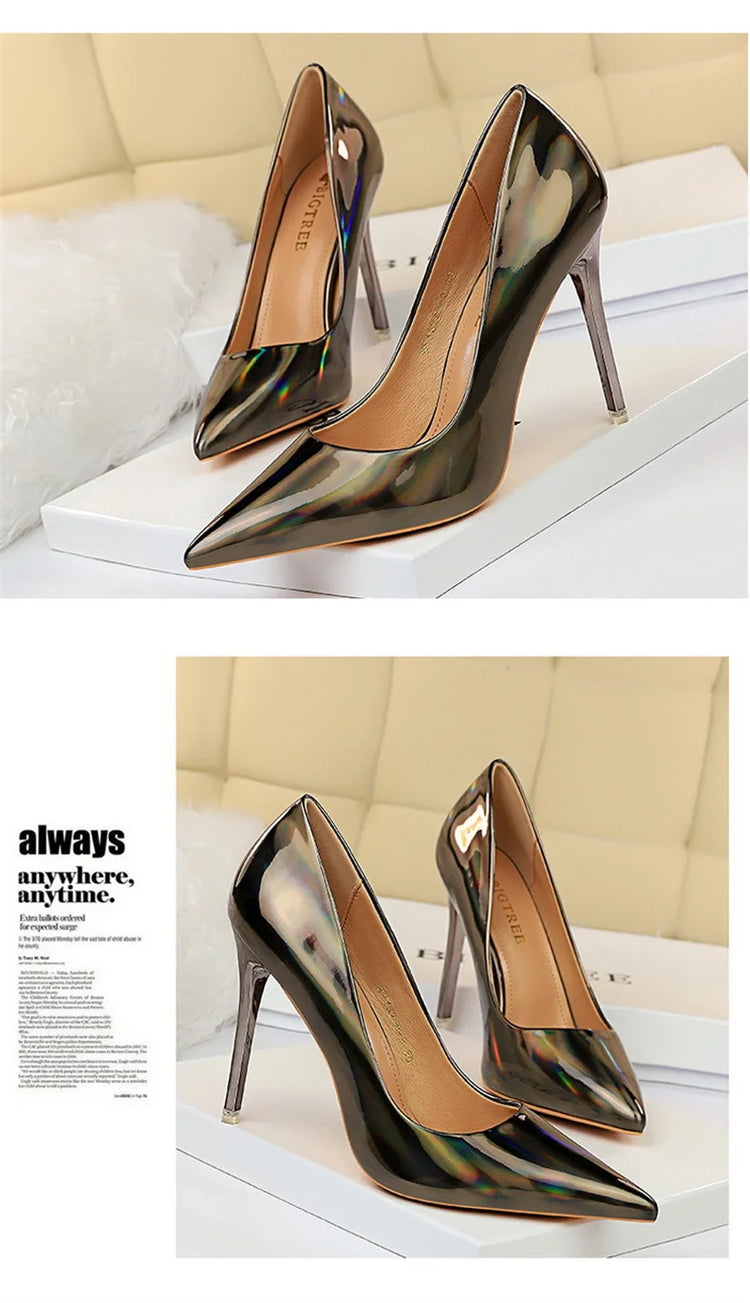 Tacchi alti da donna Blu Verde Décolleté di San Valentino Lusso lucido Stiletto Matrimonio Nuziale Discoteca Moda Semplice Colore solido 1829-2