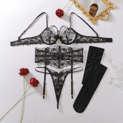 Premium Women's Lingerie Sets Sexy Floral Embroidered Bra Belt Thong Stockings Tempted RingsRomantic Women's Seductive Intimates