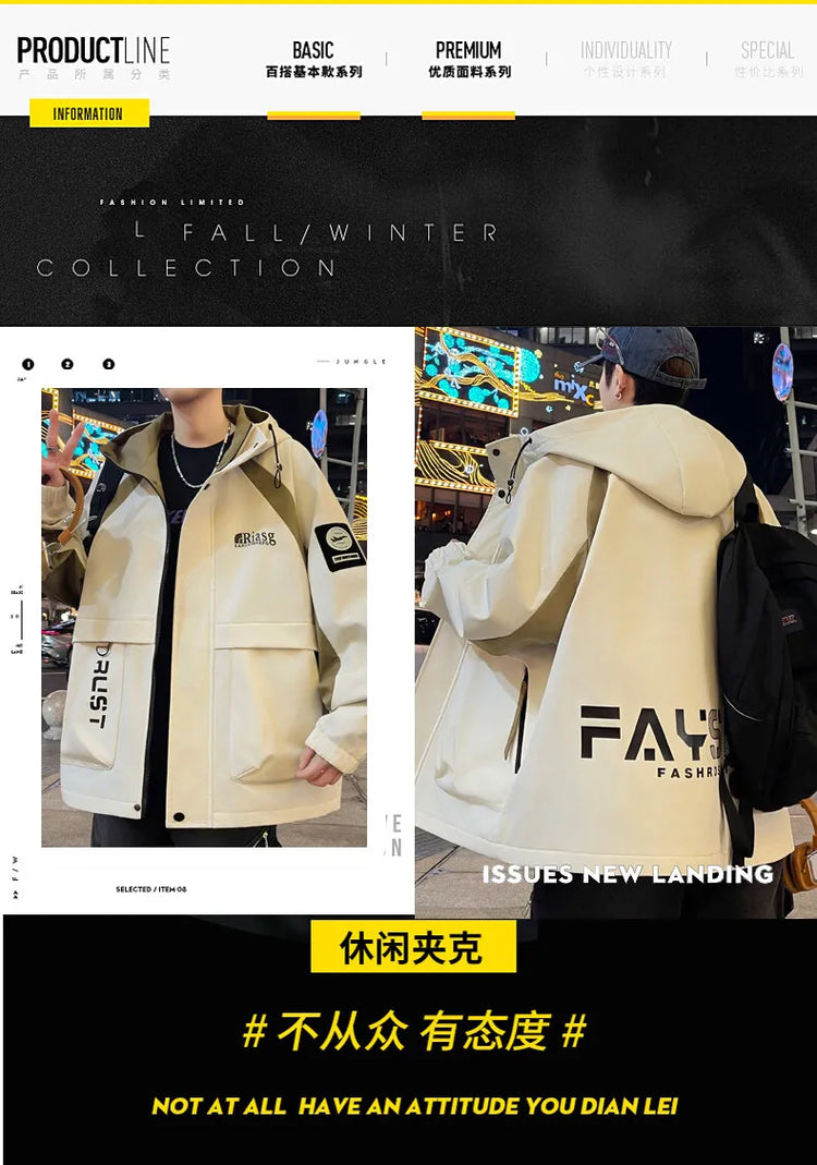 Men's Hooded Casual Jackets 2026 Spring Autumn Streetwear Windbreaker Loose Cargo Outdoor Coats Youth Daily Wear Tops Clothing