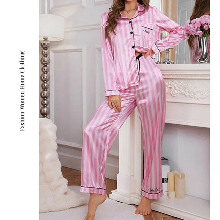 Pigiama da donna in raso con stampa a righe Victoria Autunno Manica lunga Bottoni Risvolto Top e pantaloni Indumenti da notte Comfort Indumenti da notte dalla vestibilità rilassata