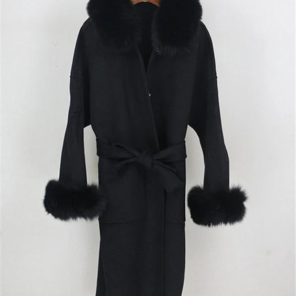 OFTBUY Omen Double Face Wool Coat Natural Fur Coat Wool Blend Jacket Winter Warm Elegant Long Sleeve Fur Cuffs Fashion Outerwear