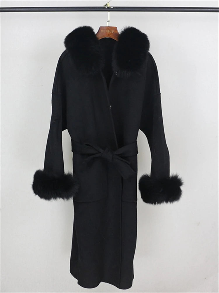 OFTBUY Omen Double Face Wool Coat Natural Fur Coat Wool Blend Jacket Winter Warm Elegant Long Sleeve Fur Cuffs Fashion Outerwear