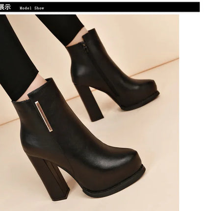 Autumn Winter Plush Boots Women British Thick Heel Waterproof Platform Thick Bottom Short Boot High Heels Lady