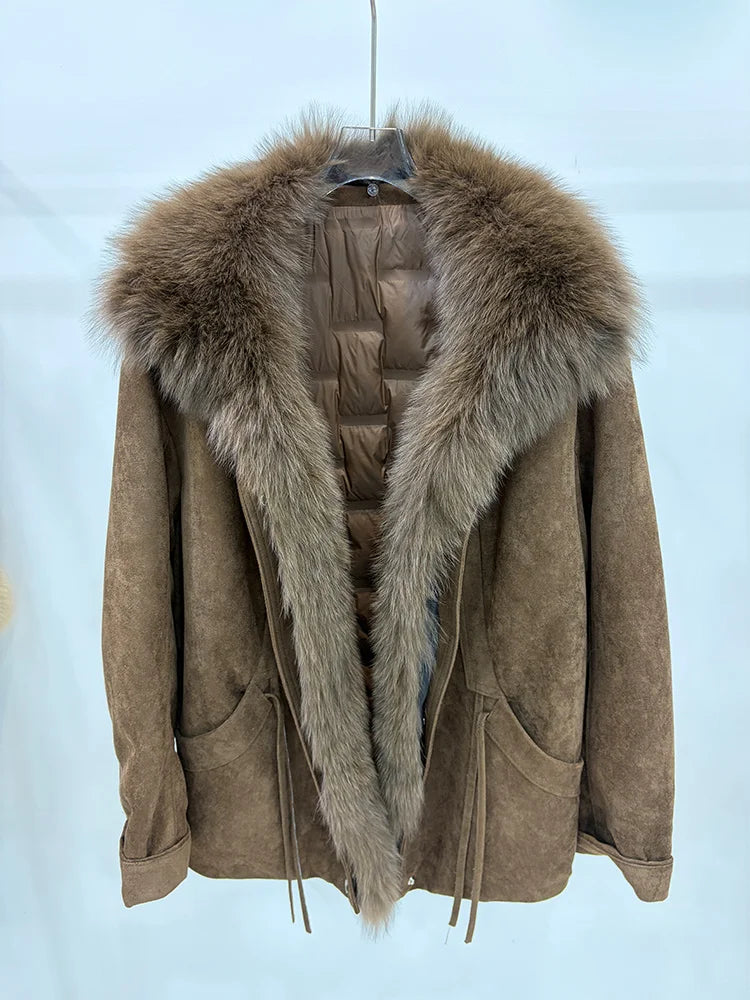 2026 Autumn Winter Women's White Goose Down Coats Natural Real Fox Fur Collar Jacket Outwear Luxury Female Jacket
