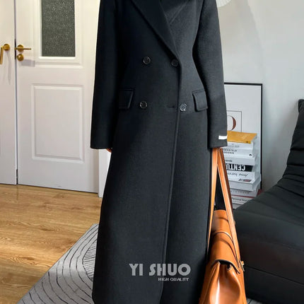 High-end White Thick Double-sided Wool Cashmere Coat Long Women Fashion Casual Loose Lapel Lace-up Woolen Jacket Autumn Winter