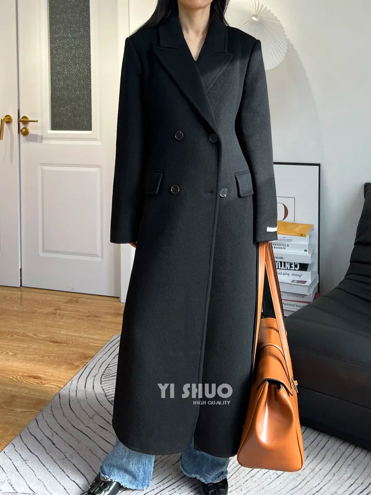 High-end White Thick Double-sided Wool Cashmere Coat Long Women Fashion Casual Loose Lapel Lace-up Woolen Jacket Autumn Winter