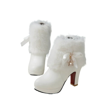 Snow Boots Womens Winter Warm Plush Fashion High Heels Pink White Black Fur Bowt Dress Party Wedding Platform Boots 526-1