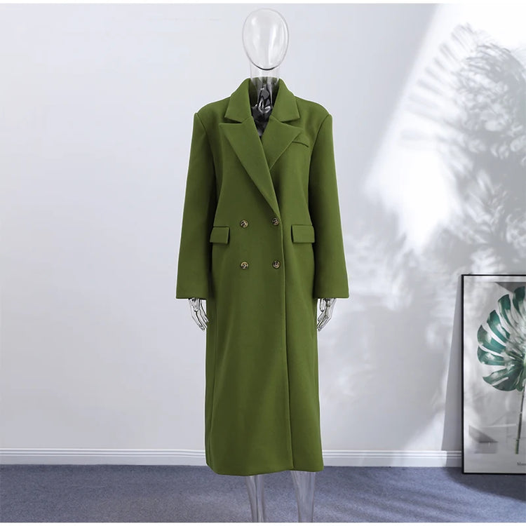 Elegant Women's Woolen Overcoat Solid Lapel Double Breasted Full Sleeve Long Coat 2026 Autumn Winter Fashion Lady Outwear