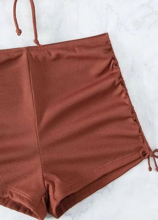 Bikini sexy a vita alta con lacci, set due pezzi da donna, costume da bagno sdoppiato, bikini da spiaggia, nuovo, per tutte le stagioni, tinta unita, senza schienale PlatiNum