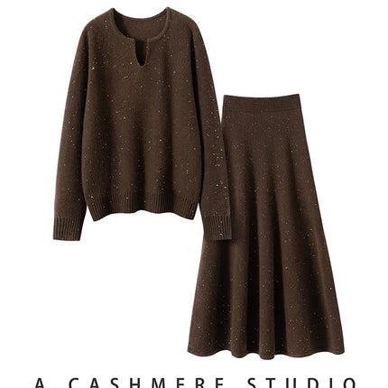 Chic Women Sweater Suite Skirt 100% Cashmere A-Line Skirt Autumn Winter Wave Skirt Elastic Knee Length Dress Sequins French Knit PlatiNum