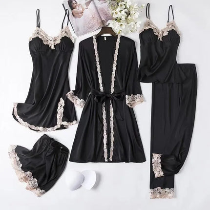 2025 Conjunto de pijama de raso de lujo de 5 piezas para mujer, ropa de dormir sedosa, bata de encaje, camisón, cami, pantalones cortos, pantalones, elegante pijama, novedad