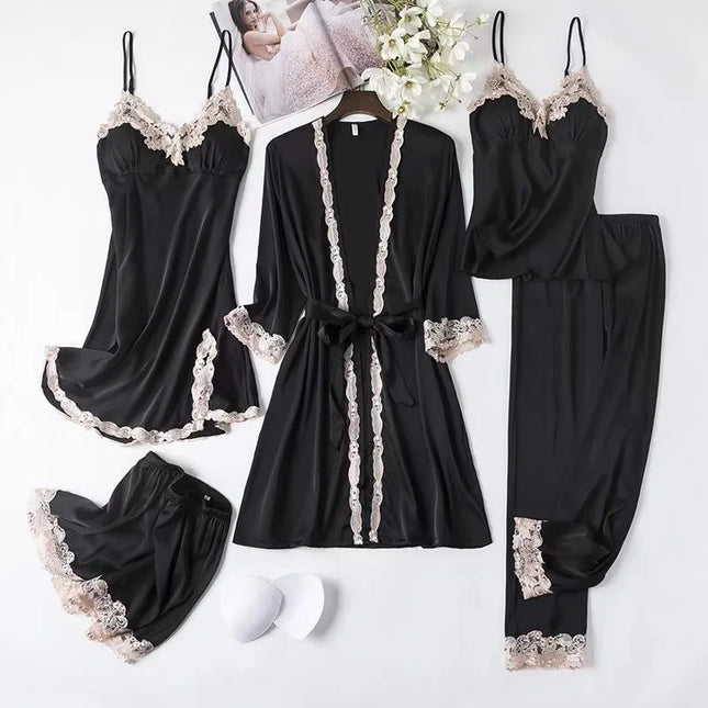 2025 Luxury Satin Pajama Set 5Pcs Women Silky Nightwear Lace Dress Shirt