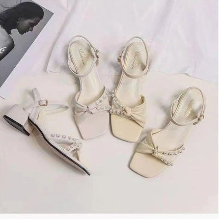 New Summer 2026 Sandals with Chunky Heels and Fairy-Style Straps with Pearls, Versatile Fashionable Women's Shoes