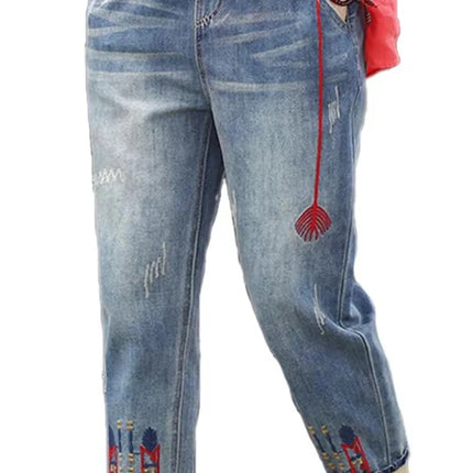 AmaxluluE Jeans larghi strappati da donna alla moda estiva Pantaloni in denim ricamati per il tempo libero da donna Pantaloni Harem elastici da donna vintage