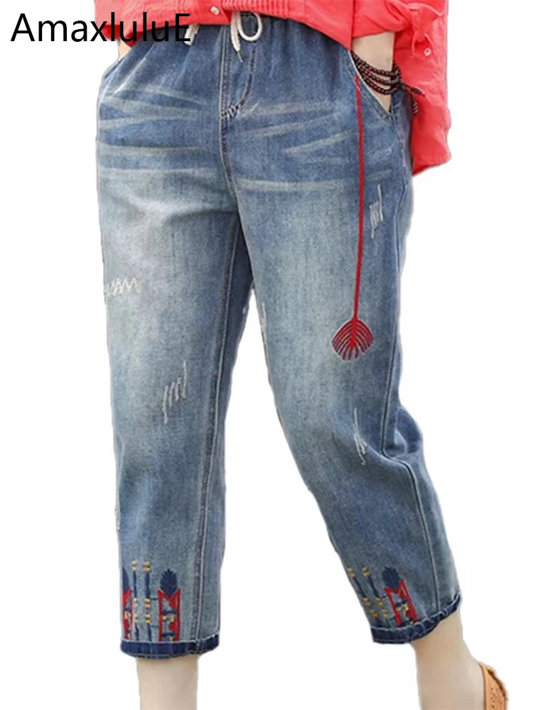 AmaxluluE Jeans larghi strappati da donna alla moda estiva Pantaloni in denim ricamati per il tempo libero da donna Pantaloni Harem elastici da donna vintage