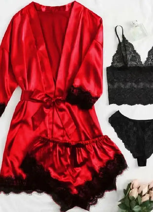 Pigiama da donna lussuoso con scollo a V in 4 pezzi camicia da notte sexy pizzo in raso halter accappatoio in raso di seta camicia da notte per la casa pigiama sexy per la casa platinumshop