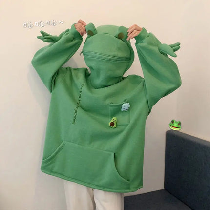 Y2K Autumn Winter Unisex Cartoon Frog Fleece Hoodies Loverly Zipper Loose Warm Sweatshirt Full Sleeve Harajuku Hooded Jackets
